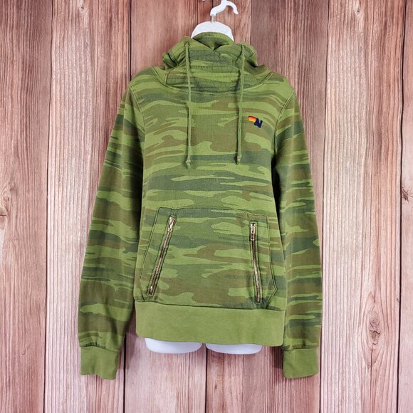 *FLAWS* Aviator Nation Womens Medium Green Camo Ninja Pullover Hoodie Zip Pocket - Picture 1 of 15